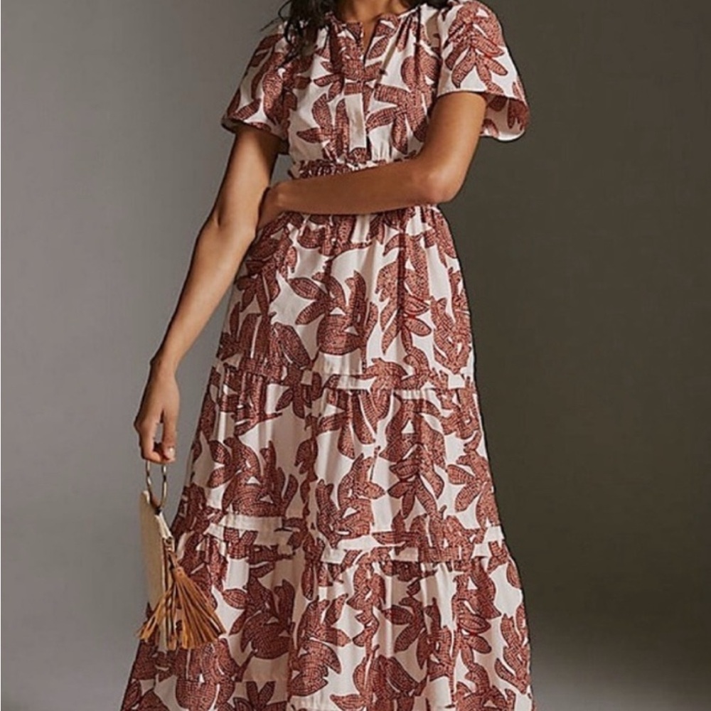 Anthropologie Somerset Brown and Cream Ruffled Maxi Sundress